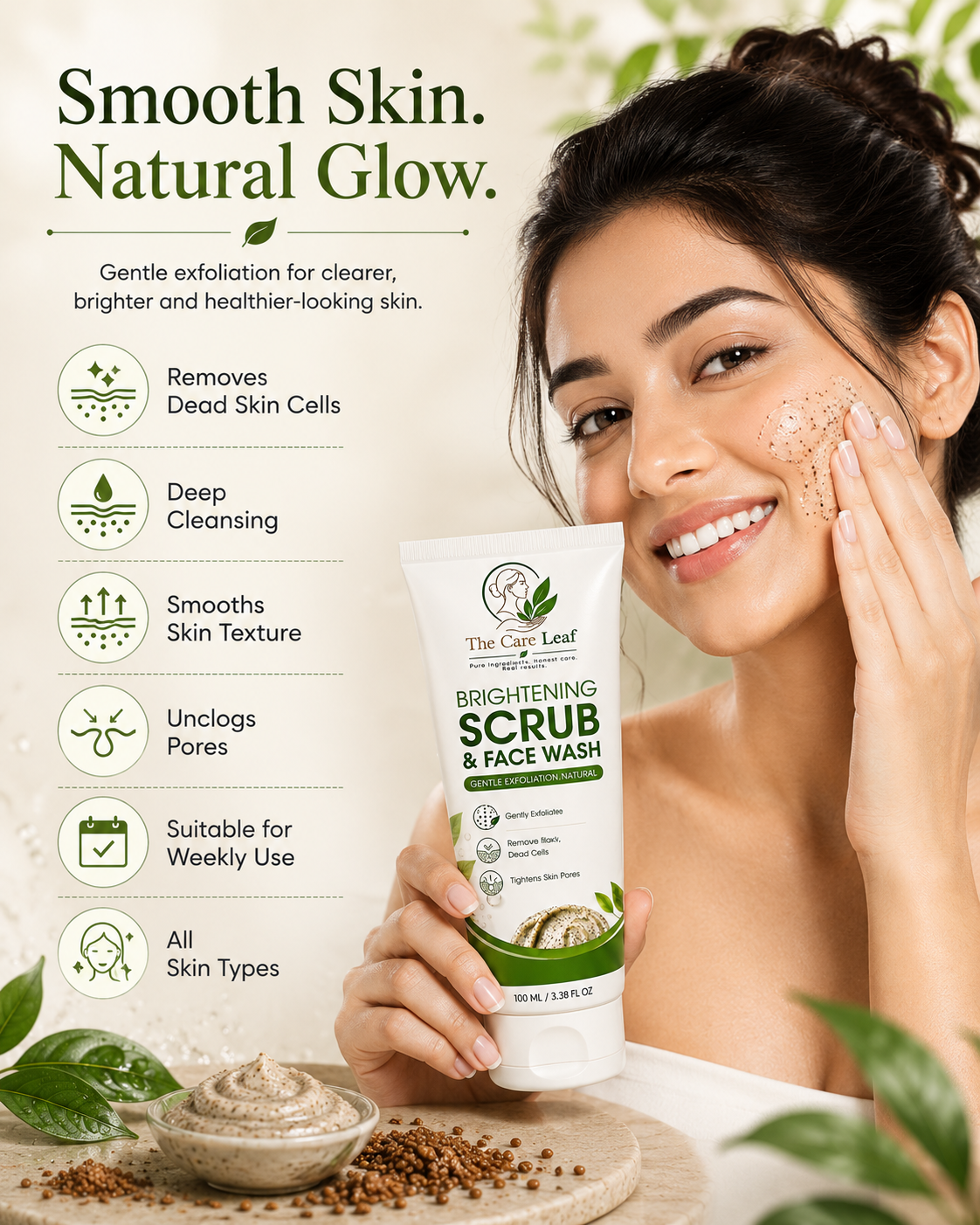 The Care Leaf Brightening Face Scrub | Gentle Exfoliating Scrub (100ml)